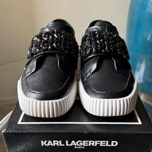 KARL LAGERFELD PARIS Jules Tumbled Nappa Leather Jeweled Sneakers - EU38 = US7.5